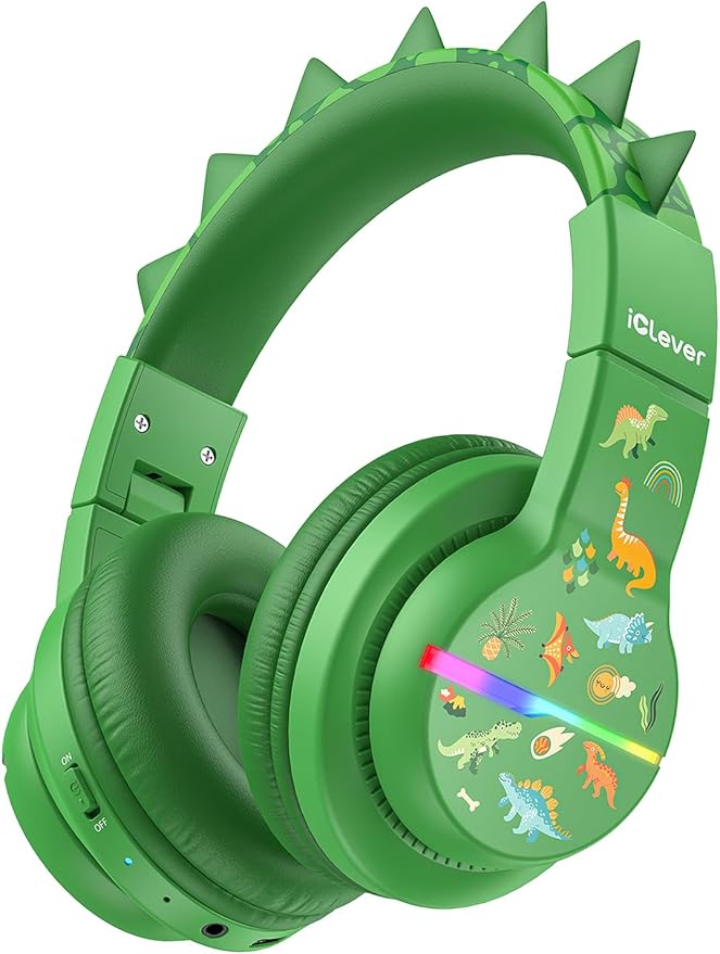iClever BTH12 Kids Bluetooth Headphones,Colorful LED Lights Wireless Kids Headphones,74/85dBA Safe Volume,85H Playtime,Bluetooth 5.2,Over Ear Dinosaur Headphone Built-in Mic for iPad/Tablet/Airplane
