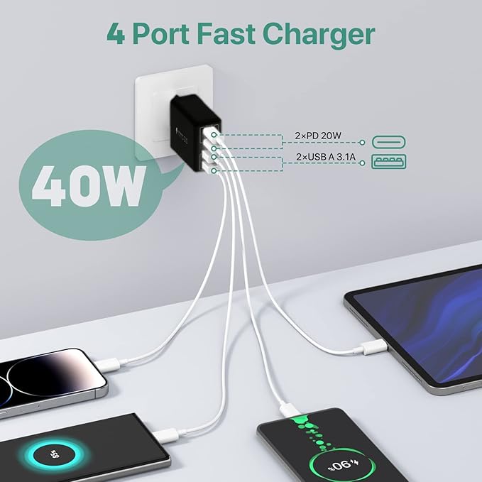 USB C Wall Charger, 40W 4-Port USB C Charger Block, Fast Charging Block Dual Port PD+QC Wall Plug Multiport Type C Compatible with iPhone 14/13/12/11/Pro Max/XS/XR/8/7, Tablet(Black)