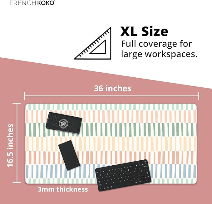 French KOKO Large Desk Mat 36" x 16.5" – Colorful Striped Extended Mouse Pad for Keyboard & Mouse – Non-Slip Waterproof Desk Protector Aesthetic Office Pad for Women & Teens
