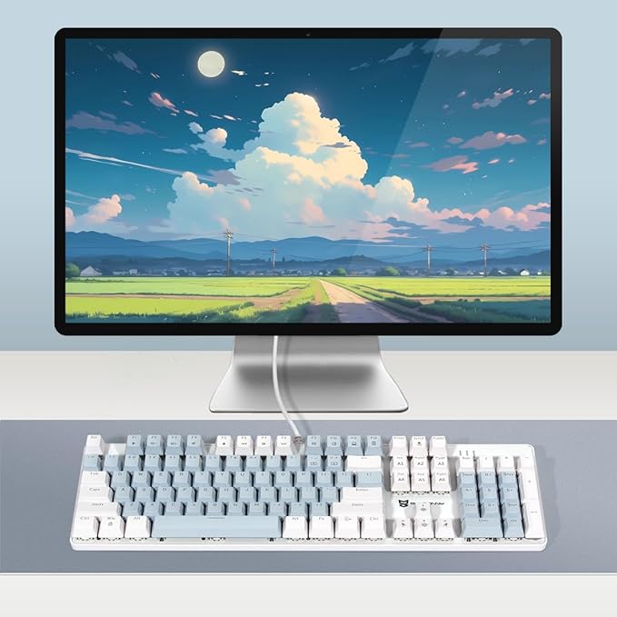 Merdia Full Size Wired Mechanical Gaming Keyboard | Blue Switch Led Backlit 104 Keys US Layout Mechanical Computer Keyboards | Hot Swappable Blue & White Keycaps Light Up PC Gaming Keyboard