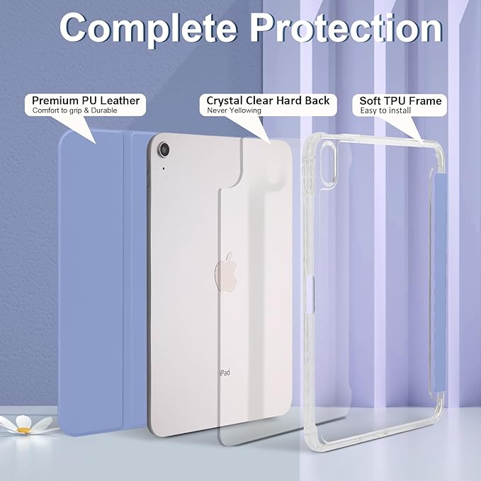 Case for iPad A16 11th Generation 11 Inch 2025, iPad10th Generation 10.9" 2022, Hybrid Protective Cover with Pencil Holder, Clear Transparent Back Shell Anti-Yellowing Case, Lavender Gray