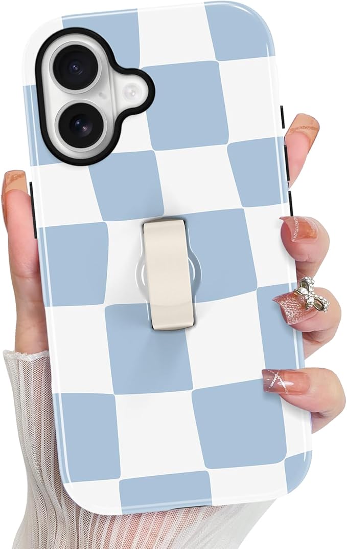 KANGHAR Compatible with iPhone 17 Case, Support for MagSafe, Silicone Checkered Cute Pattern, Finger Hold Wristband Kickstand Camera Protection Soft Slim Phone Case for Girls Women -Light Blue