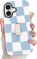 KANGHAR Compatible with iPhone 17 Case, Support for MagSafe, Silicone Checkered Cute Pattern, Finger Hold Wristband Kickstand Camera Protection Soft Slim Phone Case for Girls Women -Light Blue