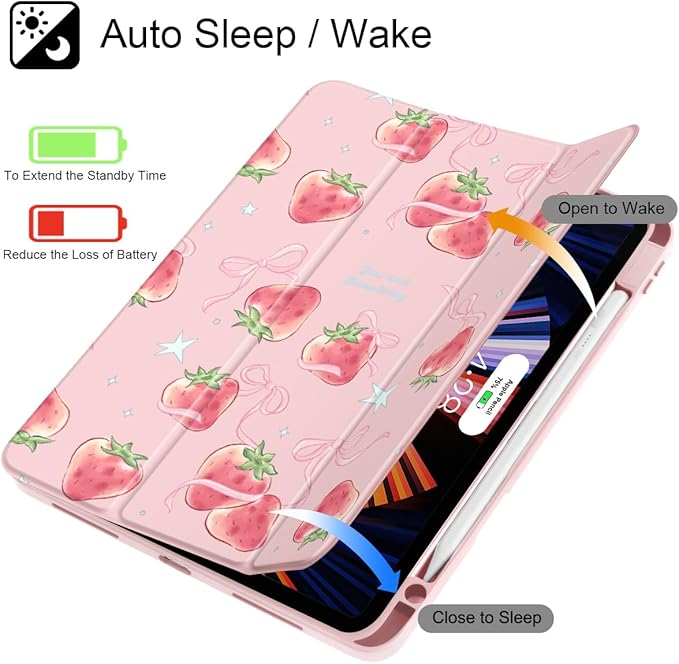 May Chen for iPad Pro 13 Inch Case M5 2025 / M4 2024, Built Pencil Holder & Clear Transparent Print Back Shell Slim Stand Shockproof Tablet Cover, Auto Wake/Sleep, Bow Strawberry