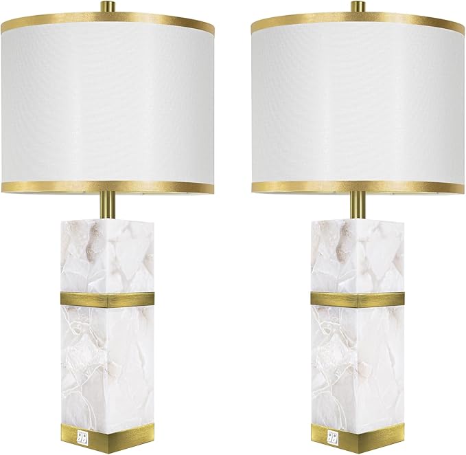 Natural Alabaster Table Lamps Set of 2 - Table Lamp with Night Light for Bedroom,Nightstand Lamps with USB Ports,Bedside Lamps with Linen Fabric Shade for Living Room,Bedroom,Office,Bar(Bulb Included)
