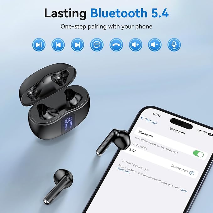 Wireless Earbuds, Bluetooth 5.4 Headphones HiFi Stereo with 4 HD Mic, 50H Playtime Bluetooth Earbuds with LED Display, IPX7 Waterproof Wireless Earphones, Touch Control Ear Buds,USB-C Black