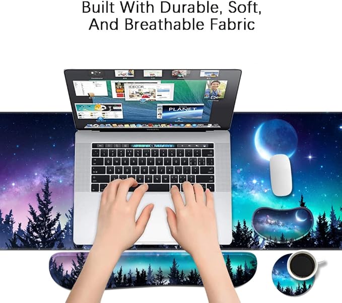 MIBITRI Keyboard Mouse Pad Set, Extended Gaming Mouse Pad+Ergonomics Keyboard Wrist Rest Support, Memory Foam, Easy Typing Pain Relief, 3Pcs XXL Ultra Thick Desk Mat, Moon Forest