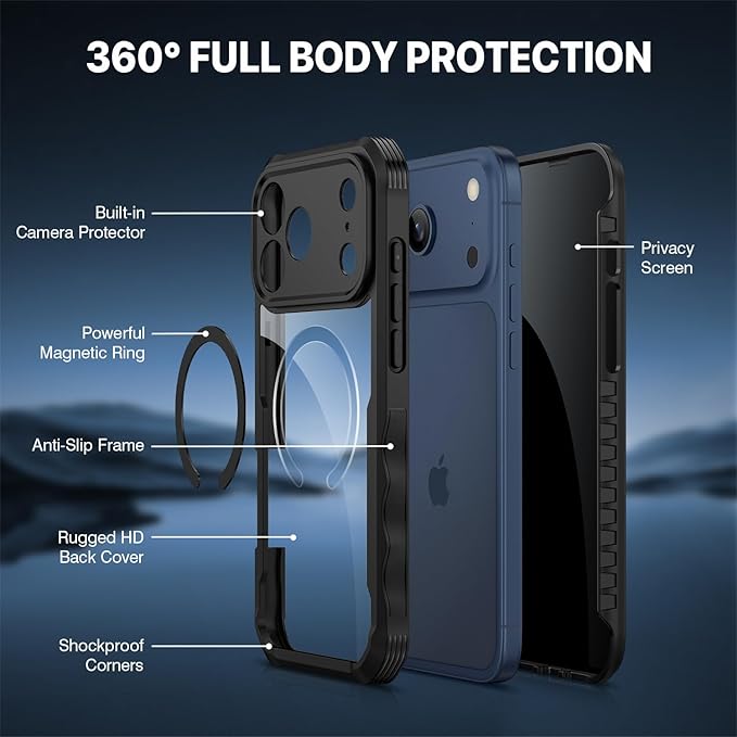 CENHUFO Magnetic Privacy for iPhone 17 Pro Case [Compatible with Magsafe] Full Body Phone Case Built-in 9H Tempered Glass Privacy Screen Protector, Camera Protection Shockproof Bumper Cover -Black