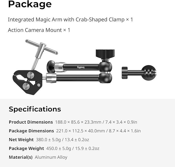 SMALLRIG Magic Arm with Super Clamp for Action Cameras, Camera Clamp Mount for GoPro Hero 13/12/11, for DJI Osmo Action 5 pro/4/3, for Insta360 Ace Pro 2, with 1/4" Screw for Monitor/LED Lights