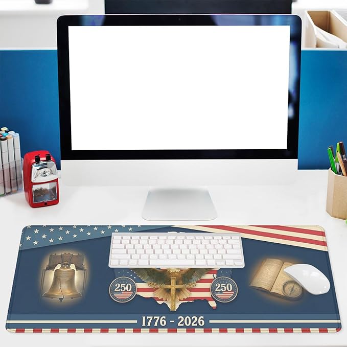 250th Anniversary Desk Pad Mouse Pad Eagle Liberty Bell America Flag Large Gaming Mouse Mat with Stitched Edges Non-Slip Waterproof Rubber Base Office Computer Keyboard Laptop Home 31.5"x11.8"