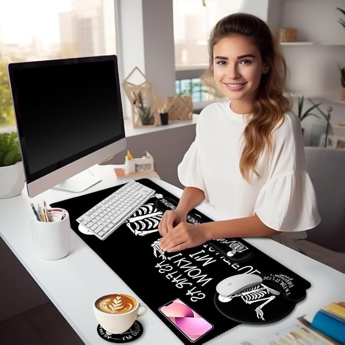 LIMKRIAN Ergonomic Mouse Pad with Wrist Rest Desk Mat Set, Skeleton Gaming Mouse Pads, Keyboard Mat Wrist Rest Cup Coaster, Funny Office Desk Accessories