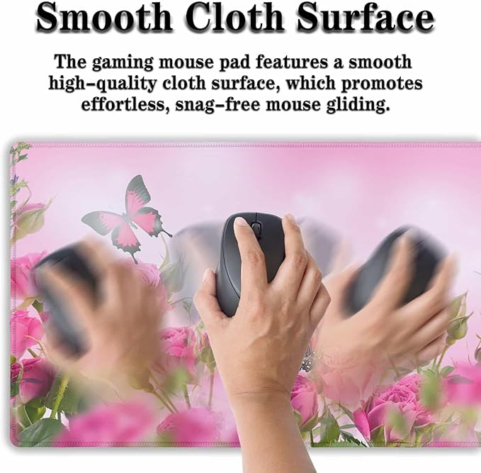 Computer Desk Mat Pink, Large Gaming Mouse Pads Desk Pad for Women Big Mouse Pad, Chic Office Desk Accessories Non-Slip Rubber Base, 35.4 X 15.7 inch for Work/Game/Office/Home Roses Butterfly