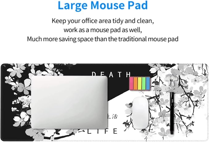 Black White Cherry Blossom Mouse Pad 31.5 X 11.8 Inch XL Japanese Art Style Design Extended Gaming Mousepad Large Non-Slip Rubber Base Keyboard Desk Mat with Stitched Edges for Gaming Office