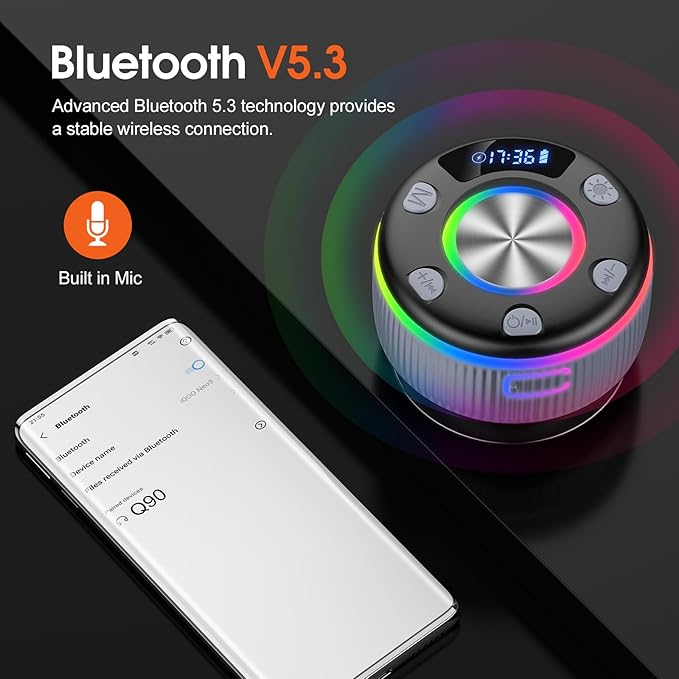 Bluetooth Shower Speaker, Portable Bluetooth 5.3 Speakers Wireless with Time Display, IP7 Waterproof Speakers with RGB Light, Suction Cup, Mini Stereo Speaker for Bathroom Party Beach Outdoor, Gray