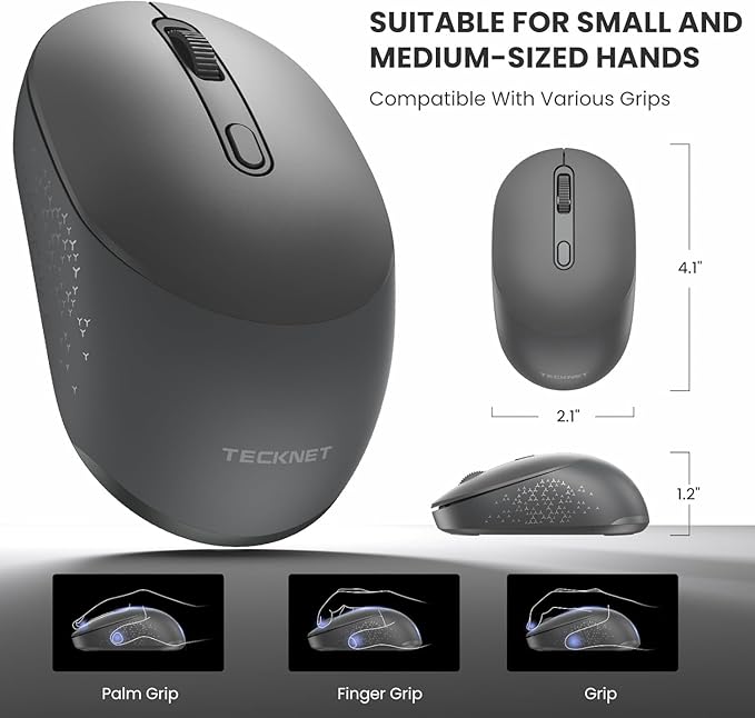 TECKNET Bluetooth Wireless Mouse, Bluetooth 5.0 & 2.4G USB Receiver, Compact & Portable, Silent Click, Ergonomic Symmetrical Design, 18-Month Battery, Adjustable DPI, Wide Compatibility - Grey