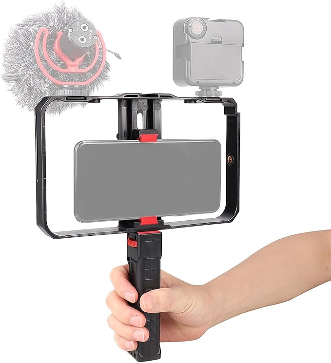 FocusFoto Pro Smartphone Video Rig Filmmaking Recording Vlogging Handheld Cage Handle Grip Stabilizer with Triple Cold Shoe Mount, fit for iPhone 12 Pro Max XS X 8 7 6 Plus OnePlus Samsung