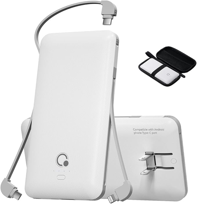 Brand Q Portable Charger with Built-in Cables and AC Wall Plug,Slim USB C Travel Essential Power Bank 10000mAh,External Battery Pack Compatible with iPhone,Samsung,Tablet and All Smart Phones