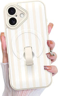KANGHAR Compatible with iPhone 16 Case, Support for MagSafe, Silicone Stripes Cute Pattern, Wristband Kickstand Camera Protection Soft Slim Cover for Girls Women -White