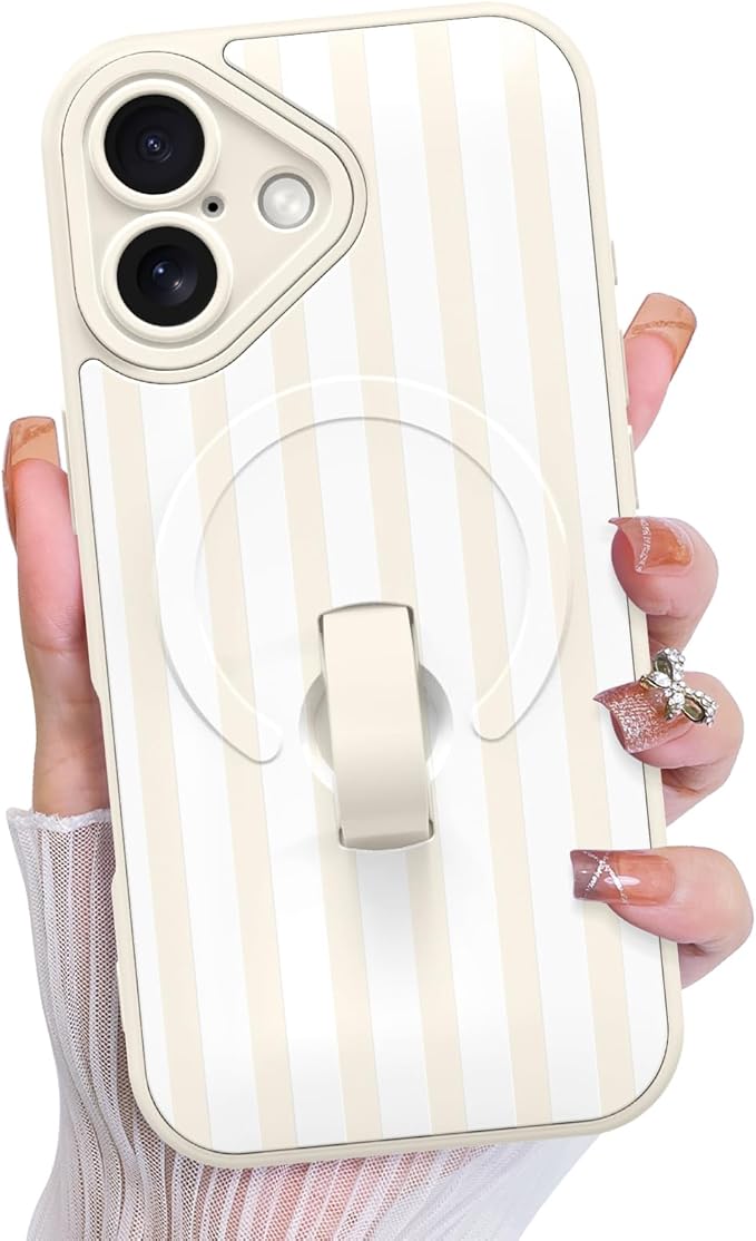 KANGHAR Compatible with iPhone 16 Case, Support for MagSafe, Silicone Stripes Cute Pattern, Wristband Kickstand Camera Protection Soft Slim Cover for Girls Women -White