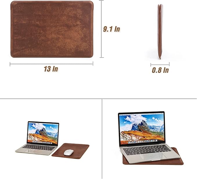 Top Grain Leather 13.3" Slim Laptop Sleeve Protector, Solid Minimalist Vintage Design, Handmade, Compatible with MacBook Pro 13.3" MacBook Air 2022 DELL XPS 13" & Other PC, Coffee 13.3 Inch