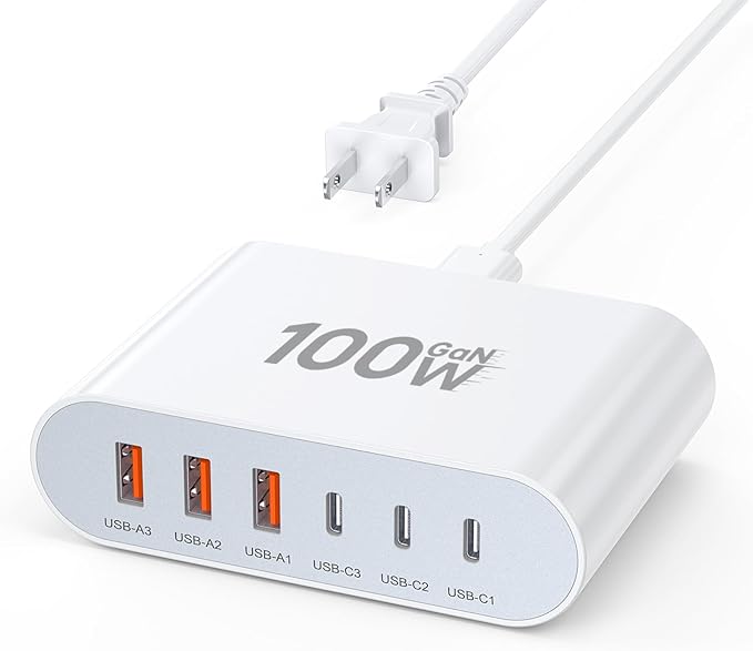 100W USB C Fast Charger Block Compact GaN 6 Port PD USB C and QC USB A Wall Charger Type C Charging Station Hub Adapter Plug Cube Brick for iPhone 17 16 15 14 Pro Max iPad Pro Air Samsung Pixel LG