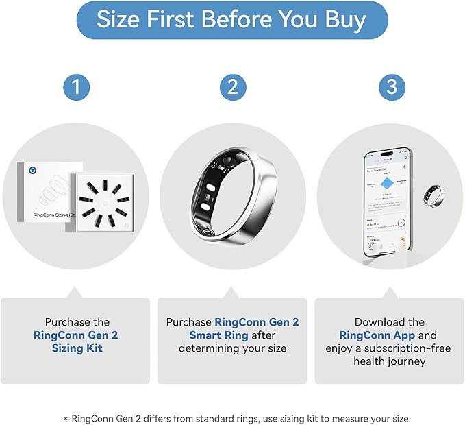 RingConn Gen 2, World’s First Smart Ring with Sleep Apnea Monitoring, No APP Subscription, 12-Day Battery Life, Stress/Heart Rate/Women's Health Tracker, Android & iOS Compatible (Silver, Size 14)