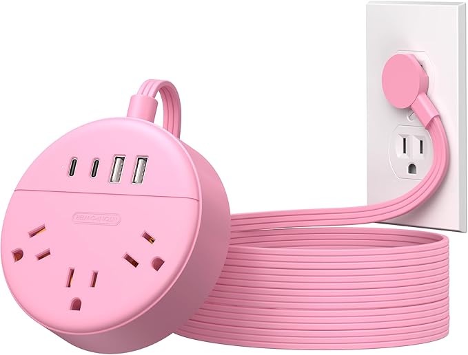 NTONPOWER Pink Extension Cord 10 ft, Flat Plug Power Strip with 2 USB-C & 2 USB-A, Flat Extension Cord Under Carpet, Wall Mount, Pink Power Strip for Indoor, Home, Vanity Desk, Nightstand, Dorm Room