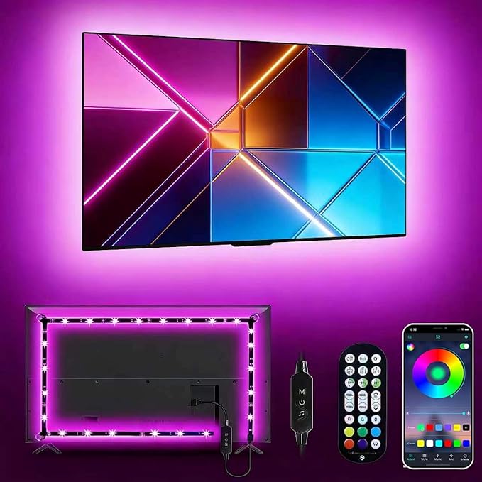 Daymeet LED Lights RGB Backlight, 16.4ft Strip for 65-85 inch TV Behind, Music Sync USB Bluetooth APP Remote Control Color Changing Light for Gaming Room