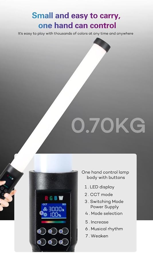 REFLEX CAMERA RGB Handheld Portable LED Light Stick - 3000K-6500K Adjustable Color Temp, Vibrant RGB Spectrum, Lightweight, Rechargeable, Ideal for Photography & Video, Easy Controls