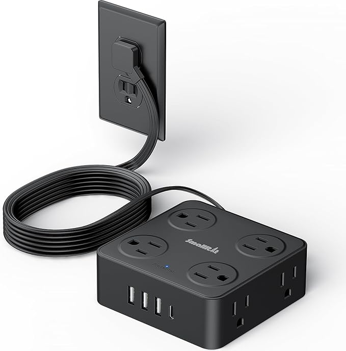 12 in 1 Power Strip Extension Cords with Multiple Outlets, 8 Outlets & 4 USB Ports Extension Cord, Flat Plug Compact Charging Station