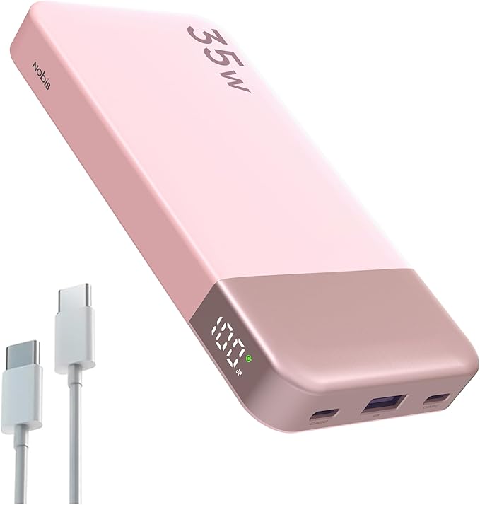 NOBIS Portable Charger, 10000mAh Power Bank Fast Charging, Battery Pack with C to C Cable, Battery Bank with Digital Display for iPhone iPad Android etc (Pink, 35W)