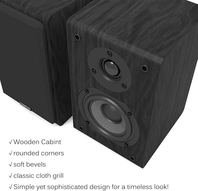 LONPOO Passive Bookshelf Speaker, 75W x 2 Classic Wooden Near Field Monitor with 4-Inch Carbon Fiber Woofer &1-Inch Silk Domed Tweeter 2-Way Speaker,Amplifier Required (Not Inlcuded), Black