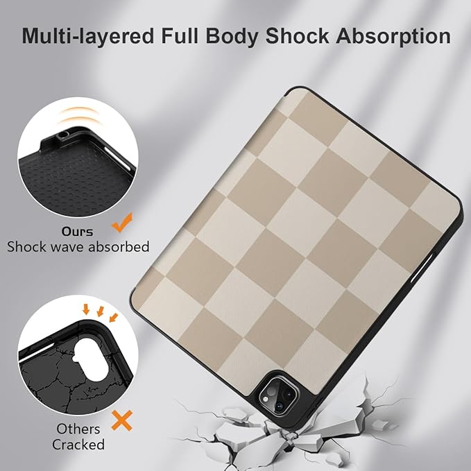DONGKE Case for 2022/2021/2020/2018 iPad Pro 11 inch Gen 4/3/2/1 - Slim Protective Case - Built in Pencil Holder Support Charging - Trifold Stand & Sleep/Wake Cover- Beige Chessboard