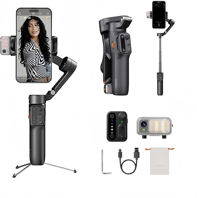 Hohem iSteady V3 Gimbal Stabilizer, Magnetic AI Tracking, Removable Remote, 3-Axis Smartphone Gimbal with Built-in Telescopic Rod and Tripod, Perfect for Content Creators(Black)