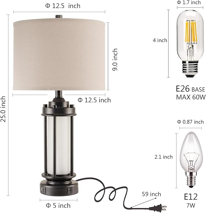 AIEAMPDO Set of 2 Modern Table Lamps for Living Room Bedroom, 25'' Black Retro Industrial Metal Lamp with Glass Nightlight, Contemporary Desk Lamp for Bedside End Table Office, 4 Bulbs Included