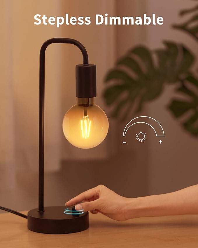 ONEWISH Industrial Table Lamp Set of 2 with USB C&A Charging Port, Stepless Dimmable Nightstand Bedside Lamps for Bedroom,Desk Lamps with 2700K Black Gradient Bulb for Reading Living Room,Office