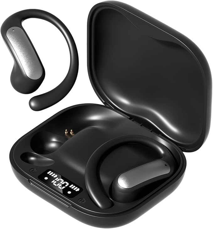 TINGER Open Ear Bluetooth Headphones 5.4 - IPX5 Waterproof Wireless Sports Earbuds,18H Playtime with Digital Power Display, Ultra-Light Weight Design for Cycling/Running/Gym (Black)