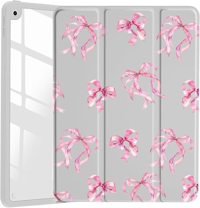 JOYLAND Elegant Bow Pattern Case for iPad mini 7th(A17 Pro) 2024 / Mini 6th Generation 8.3" 2021,Clear Transparent Acrylic Hard Back Grey Case with Pencil Holder Trifold Stand Tablet Cover