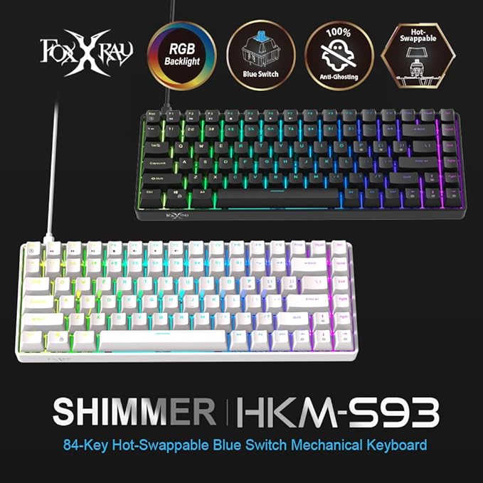 FOXXRAY HKM-S93 Mechanical Gaming Keyboard, Compact 75% Layout Hot-Swappable Gaming Keyboard Blue Switch, RGB Backlit with Customizable Keys, 84-Key Wired Computer Keyboards for Laptop PC Gamer-White