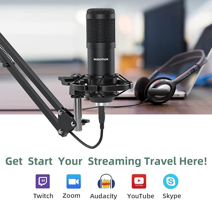 SUDOTACK USB Condenser Podcast Microphone for PC: Studio Microphone Kit with 192KHz/24bit Professional Sound Chipset Cardioid for Recording, Streaming, Gaming, Voice-Over, YouTube, Twitch (ST-800)
