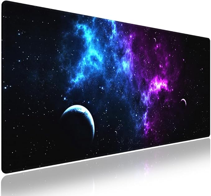 Wknoon. Extra Large Gaming Mouse Pad (31.5" x 11.8") with Durable Stitched Edges – A Blend of Blue and Purple Nebulae with Space Planets Cosmic Galaxy Dance, Anti-Slip Base Extended XXL Desk Mat