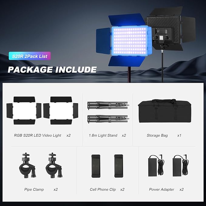 2Pack RGB LED Video Light Kit 12.6in with Barn Door, RGB Photography Light 20W/2500~8500K/14 Effect/2000lux@0.5m LED Panel Light Kit with Light Stand for Gaming Streaming Zoom YouTube Photography