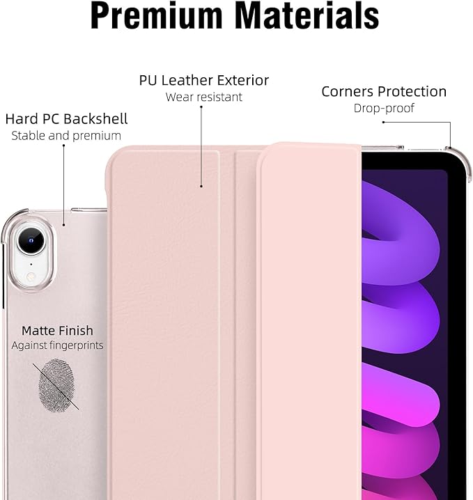 Case for iPad mini 7 (A17 Pro), Slim Smart Trifold Stand for iPad mini 7th/6th Generation 8.3 Inch 2024/2021, Hard PC Translucent Frosted Back Shell Case with Auto Wake/Sleep, Pink