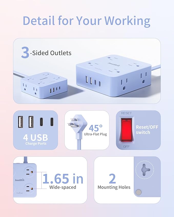 Extension Cord with Multiple Outlets, SMALLRT Flat Plug Power Strip, 10FT Power Strips with Surge Protection with USB Ports, 8 Outlets, Surge Protector Outlet Extender for Home Office Supplies, Blue