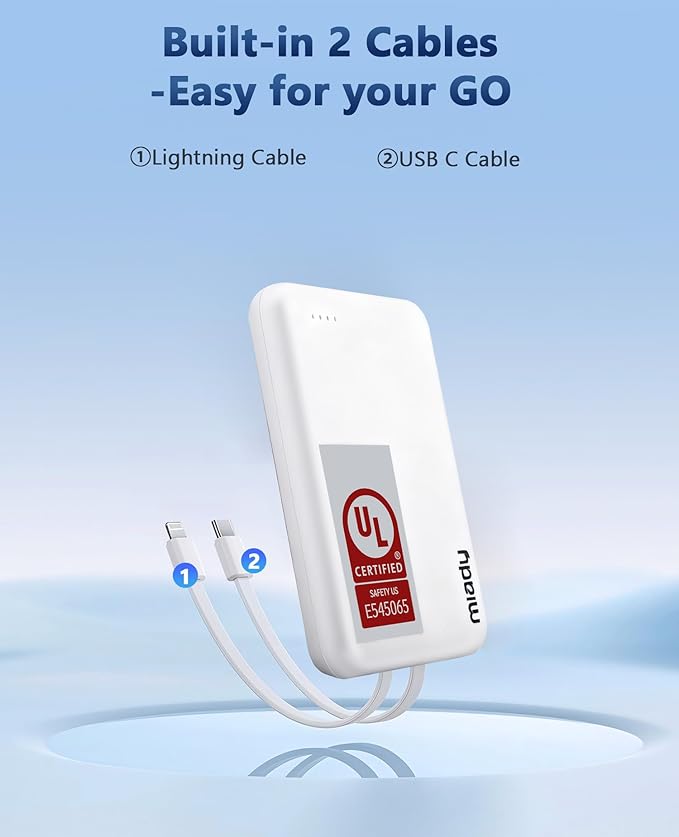Miady 2-Pack Small Portable Charger UL Listed, 5000mAh Slim Power Bank Built-in 2 Cables Lightweight Travel Battery Pack 3 Outputs 2 Inputs Compatible with iPhone 17/16/15/14/13 Galaxy S24/S22 etc