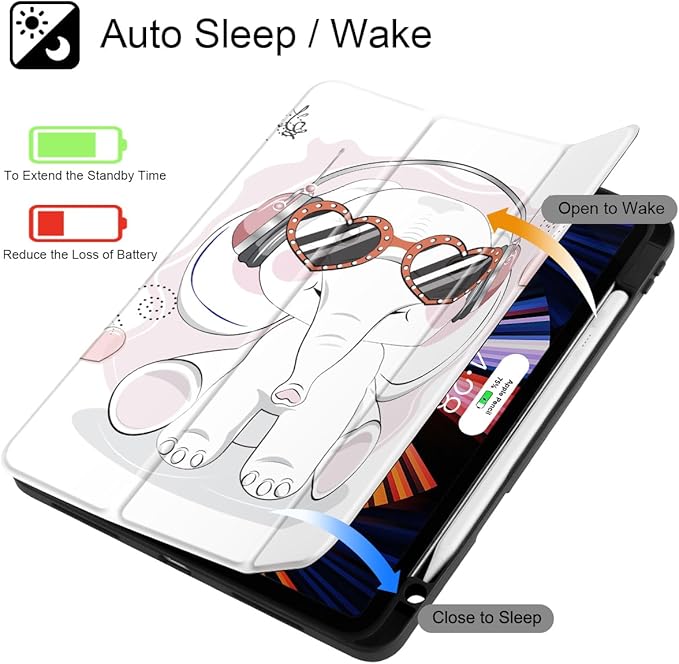 Tuiklol for iPad Pro 11 Inch Case M2 2022 Gen 4th -Built-in Pencil Holder Shockproof Cover Clear Transparent Back Shell Fit for iPad 11’’ 2021 2020 2018 Gen 3rd/2nd/1st for Kid, Lovely Elephant
