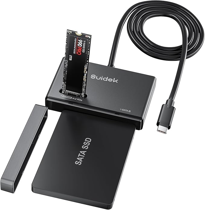 SUIDEK M.2 NVMe SSD Adapter, Type-C 10Gbps to M.2 and SATA Hard Drive Reader External M2 PCIe NVMe SSD Enclosure Compatible with (M Key&M+B Key) Any Sizes and 2.5"/3.5" SATA with 12V/2A Adapter