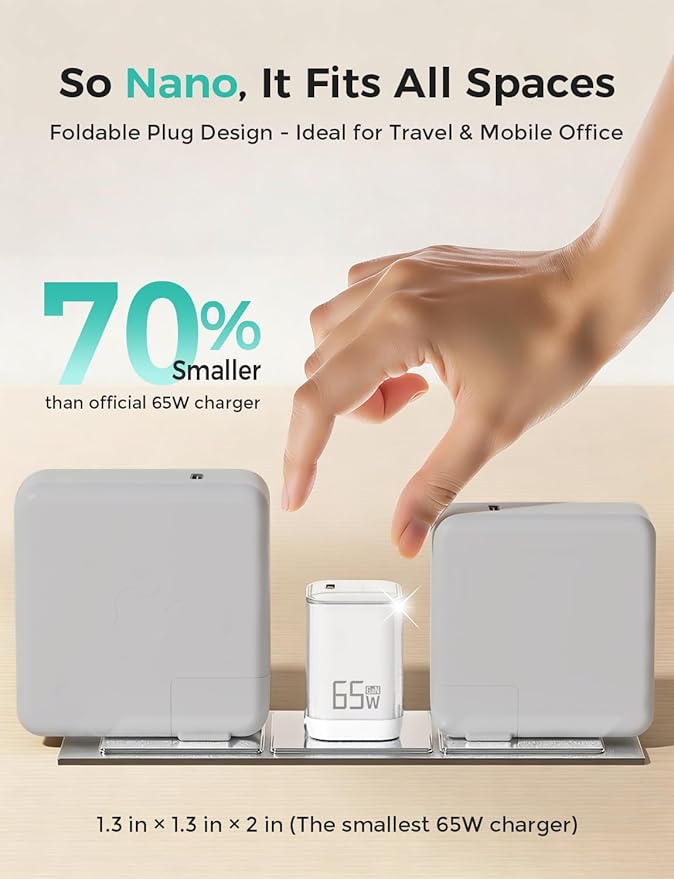 SparkleNano 65W USB C Charger,One-Port GaN PPS Fast Charging Block,Travel Essentials Foldable Plug,for MacBook Pro/Air,Pixelbook,iPad Pro,iPhone 17/16/Pro,Galaxy S23,Pixel (USB C Cable Included)