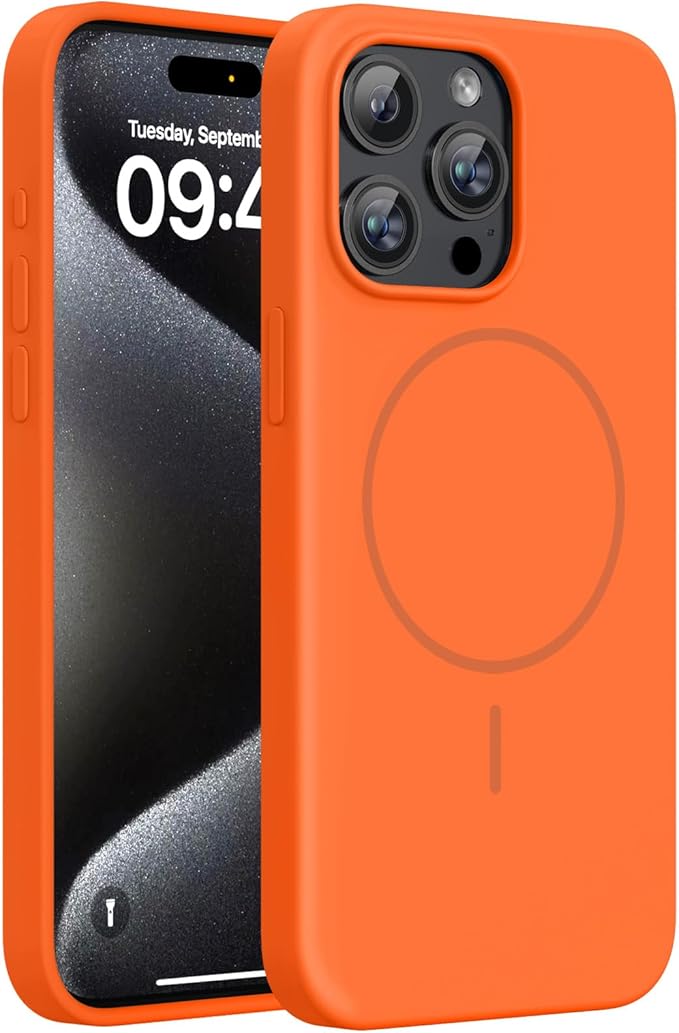 Miracase Magnetic for iPhone 15 Pro Max Case, [Soft Anti-Scratch Microfiber Lining], Compatible with MagSafe, Liquid Silicone Case Shockproof Drop Protection Phone Case for 15 ProMax, Orange