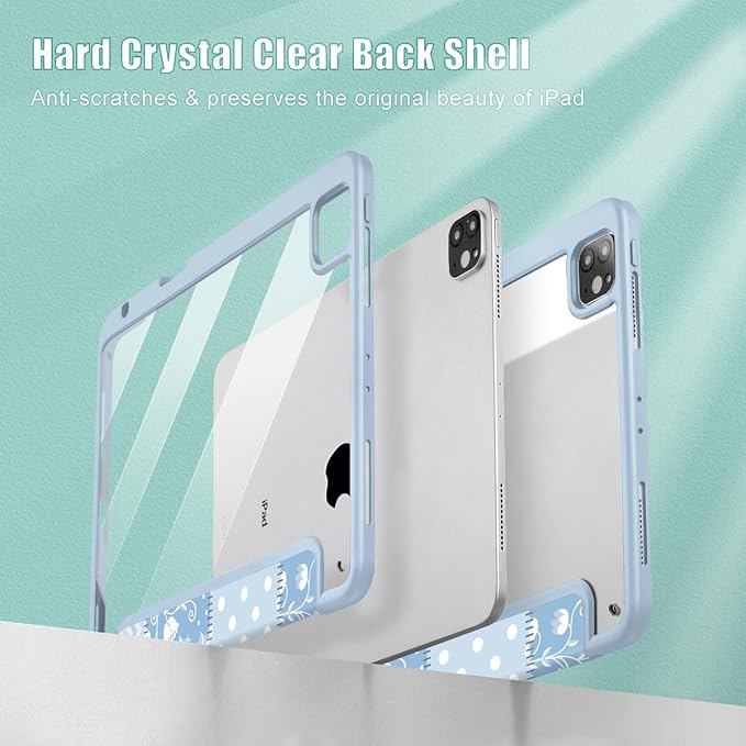 Tuiklol for iPad Pro 11 Inch 4th / 3rd / 2nd / 1st Gen (2022 2021 2020 2018) Case -Built-in Pencil Holder Shockproof Cover Clear Transparent Back Shell with Auto Wake/Sleep, Patchwork Floral